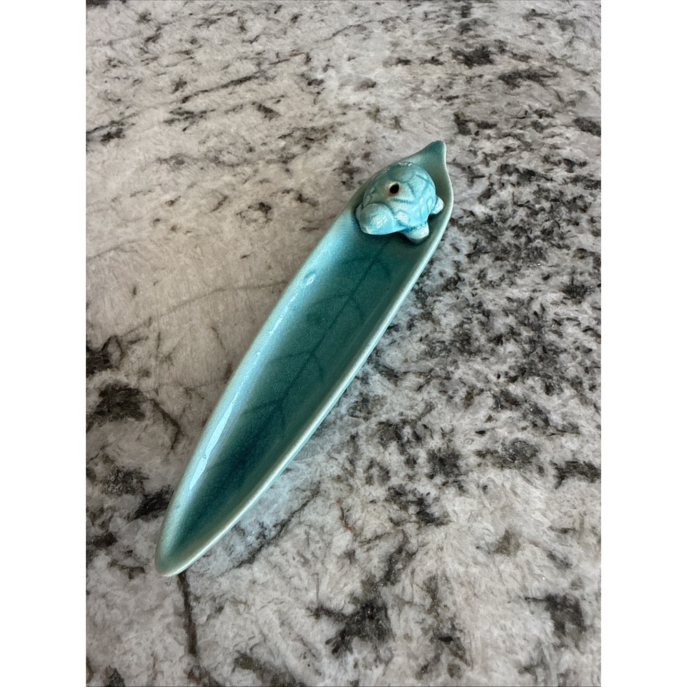 Vintage Ceramic Turtle Incense Holder Blue Green Glaze Crackle Pottery Figurine